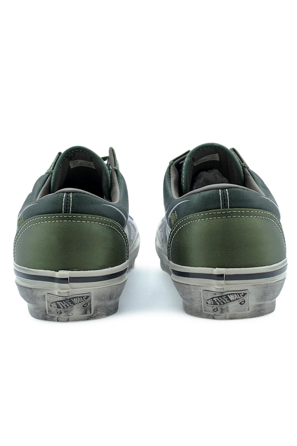 back detail Vans LX Old Skool 36 Archive Flame edition featuring faded foxing tape, signature Off The Wall heel tab and smooth satin finish in deep green shades