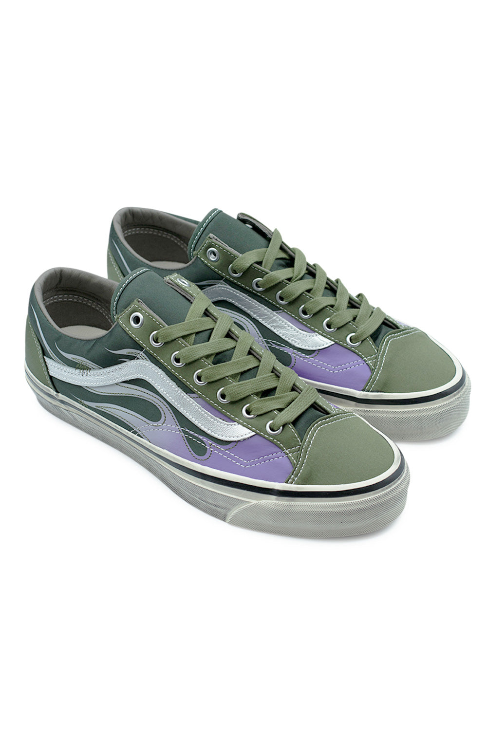 Vans Old Skool 36 LX Flame Green Balsam sneakers in dynamic angle, highlighting curved flame graphics, premium construction and iconic skate silhouette with vintage attitude