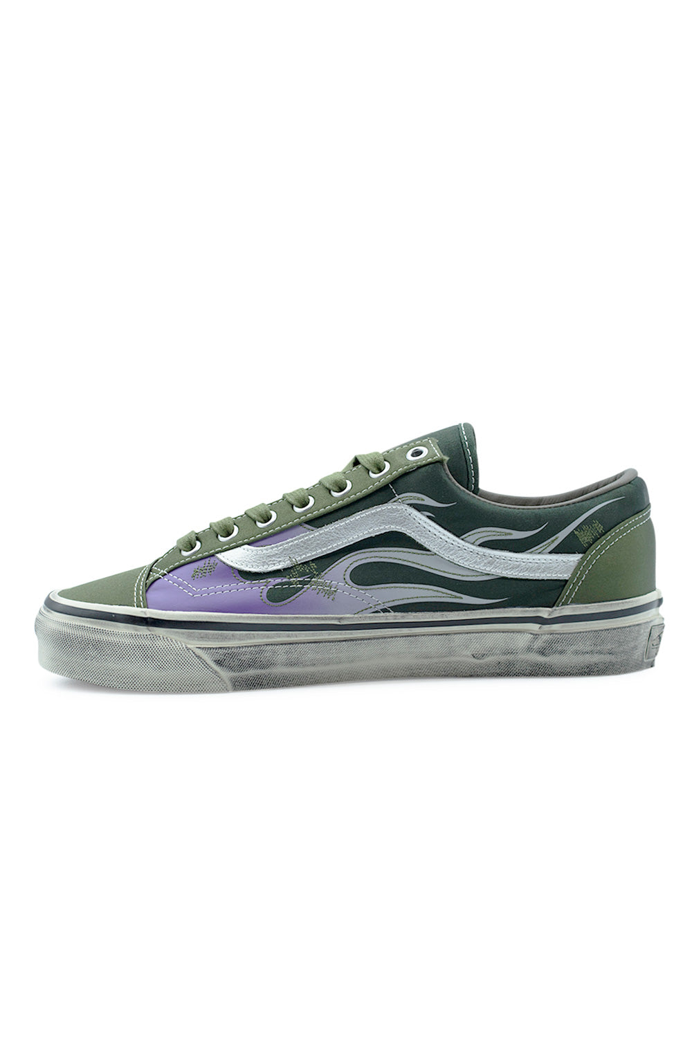 medial view Vans LX Old Skool 36 Green Balsam with subtle stitching, tonal overlays and refined flame print inspired by classic Californian custom car aesthetics