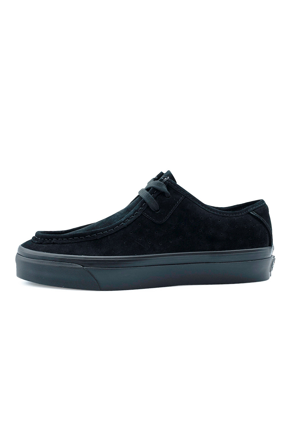 Lateral profile view of the Vans LX SF Moc Low shoe in Black / Black, showcasing the premium all-black suede upper, traditional moccasin apron toe stitching, micro-perforated side quarter panels for breathability, two eyelets with tonal laces, and a sleek black vulcanized midsole with glossy foxing wrap.