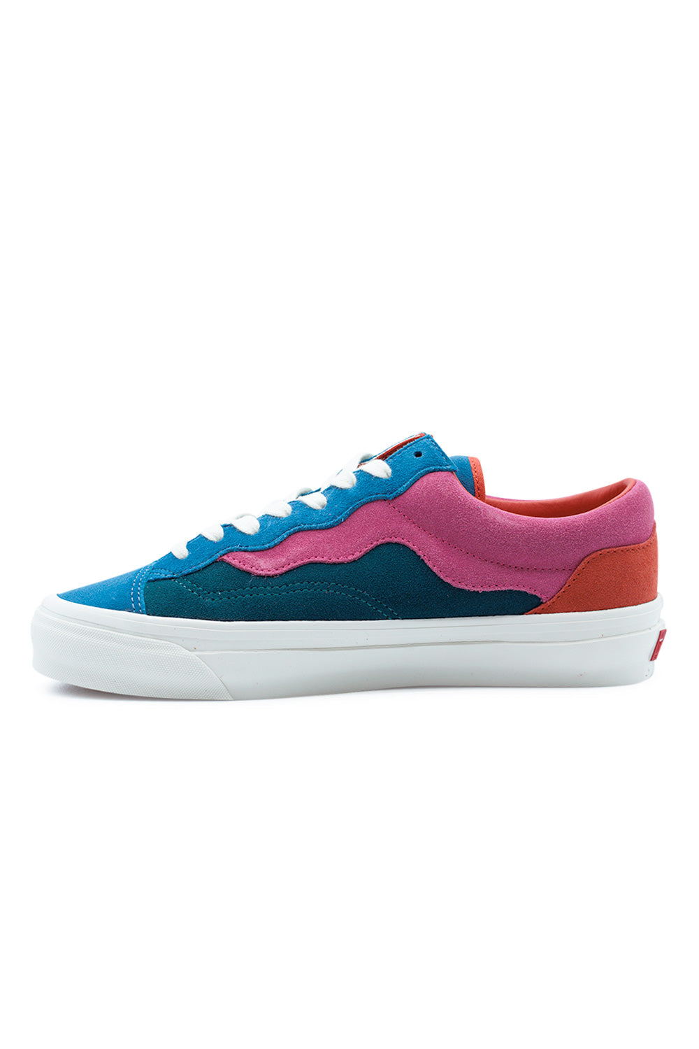 Side profile of Vans x Parra Old Skool 36 skate shoe with Midnight suede base, Parra-inspired color waves, white foxing and vulcanized waffle outsole