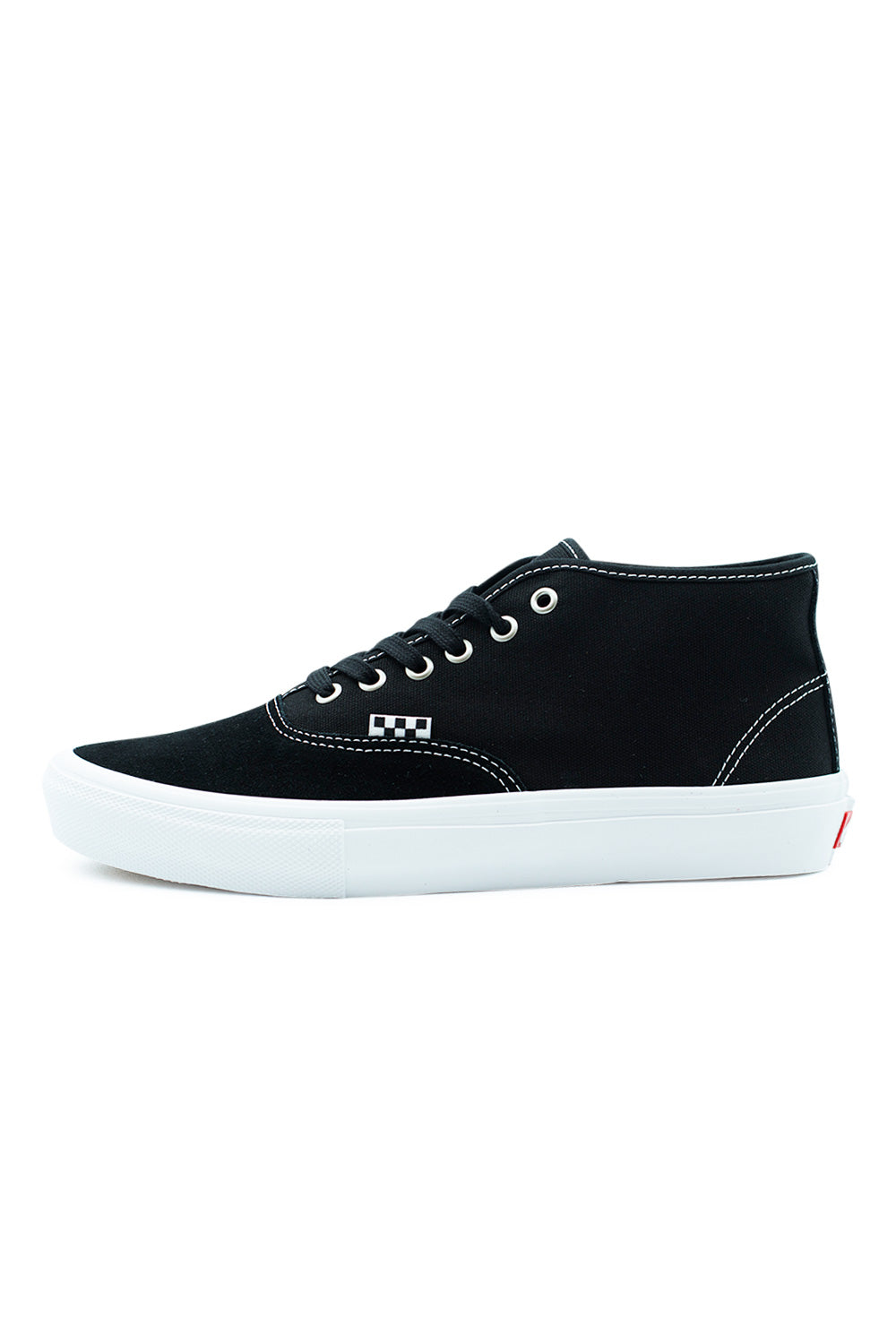 Vans Skate Authentic Mid Black White skate shoe side view with suede and canvas upper, mid-top silhouette, vulcanized sole, DURACAP reinforcement, and classic Vans Skate Classics design.