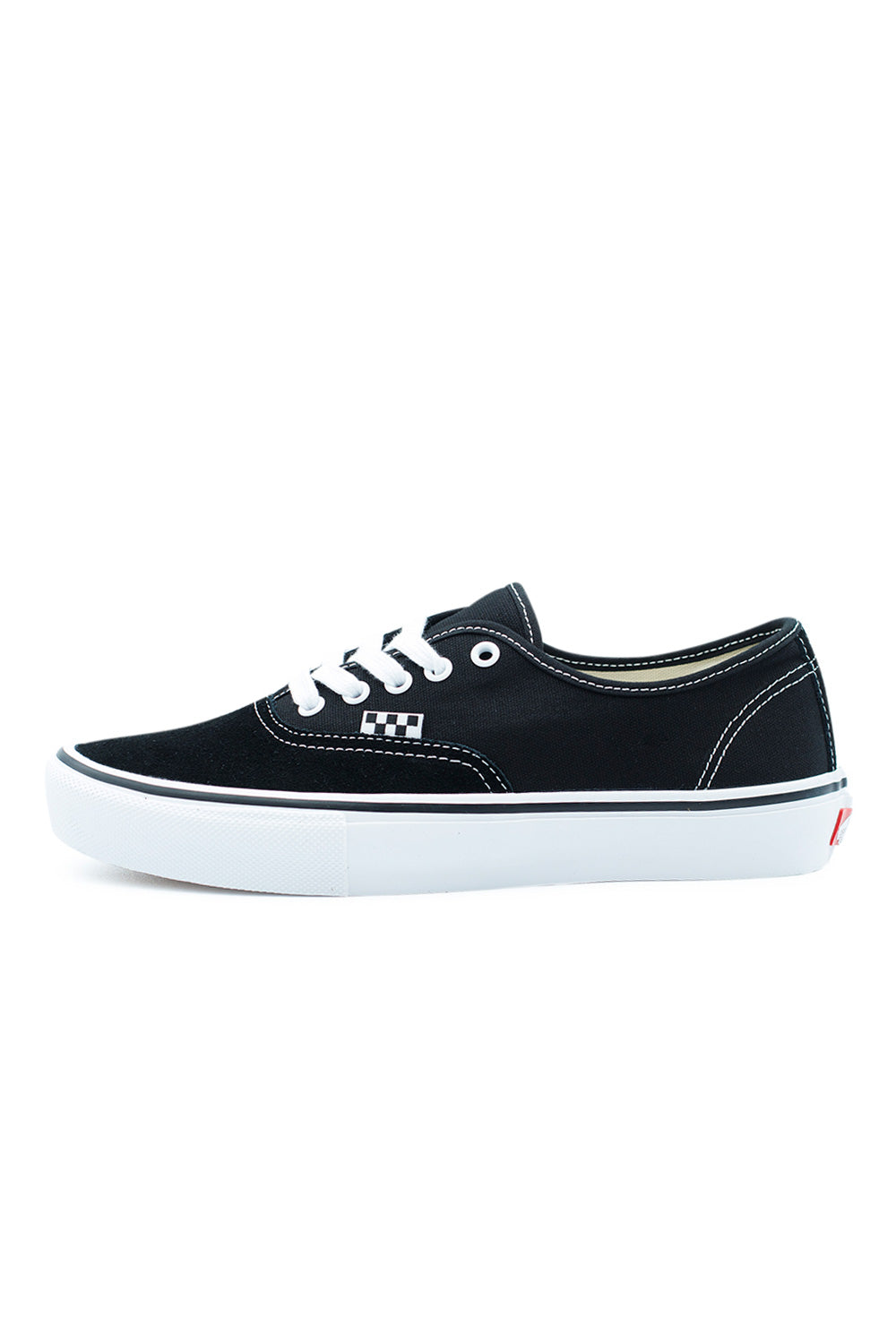 Vans Skate Authentic Black White skate shoes side profile with suede toe, canvas upper, white vulcanized sole and classic low-top skate sneaker silhouette