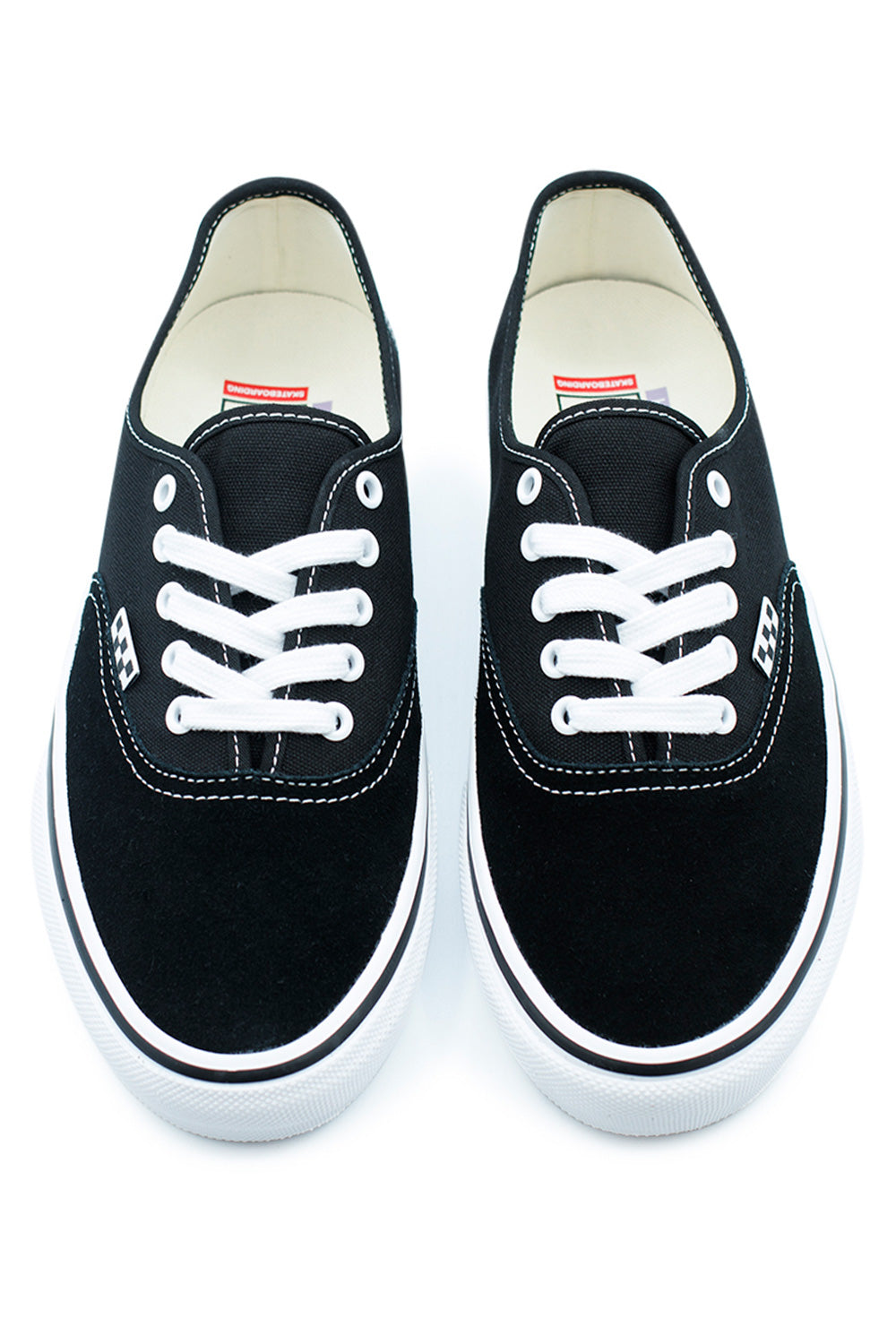 Front view of Vans Skate Authentic Black/White skateboard sneakers featuring reinforced suede toe panel, metal eyelets, and durable canvas construction