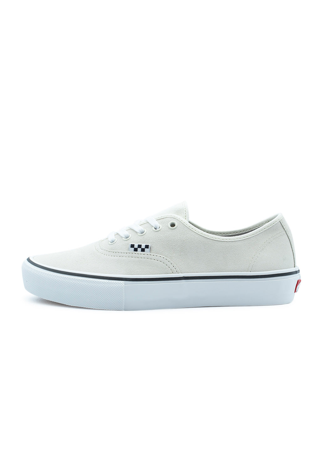 Lateral profile view of the Vans Skate Authentic shoe in White / Gunmetal, featuring a premium off-white full suede upper, white metal eyelets, white laces, a checkerboard flag tag, and a thick white vulcanized midsole with a thin gunmetal grey foxing stripe.