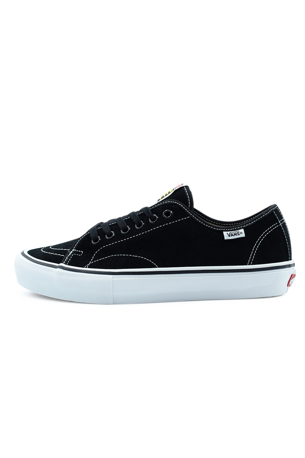 Lateral side profile view of the Vans Skate AVE Classic sneaker in Black / White, featuring a premium black full-suede upper, white contrast stitching along reinforced panels, black metal eyelets, a white woven Vans tag, and a crisp white vulcanized midsole.