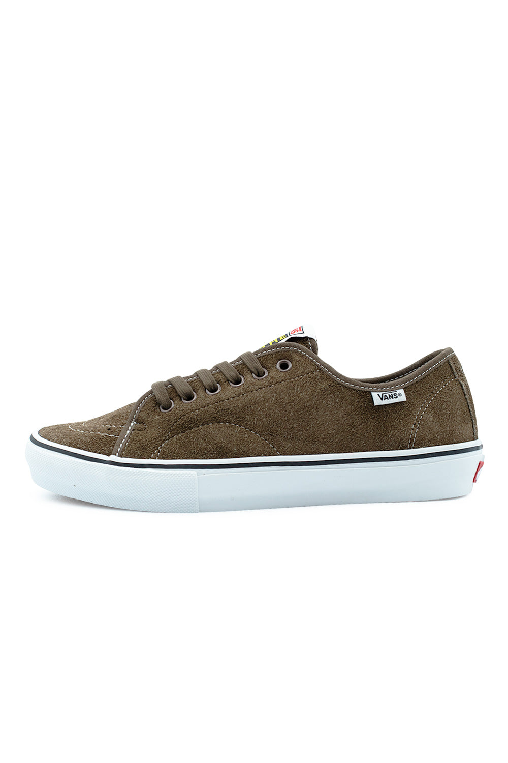 Lateral profile view of the Vans Skate AVE Classic shoe in Vintage Cocoa, displaying the textured brown hairy suede upper with white contrast stitching, tonal laces through metal eyelets, white Vans woven flag label, and a crisp white vulcanized midsole with a black foxing stripe.