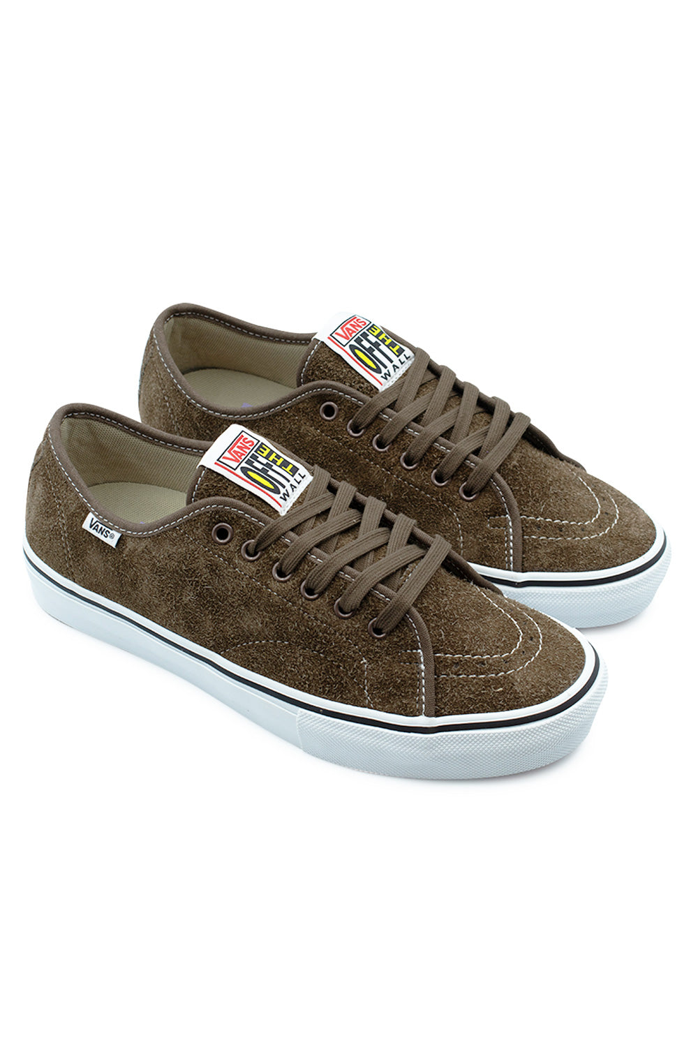 Three-quarter perspective view of the Vans Skate AVE Classic shoes in Vintage Cocoa, emphasizing the low-profile skate silhouette, durable hairy suede paneling, white foxing tape, and integrated impact-absorbing PopCush insoles.