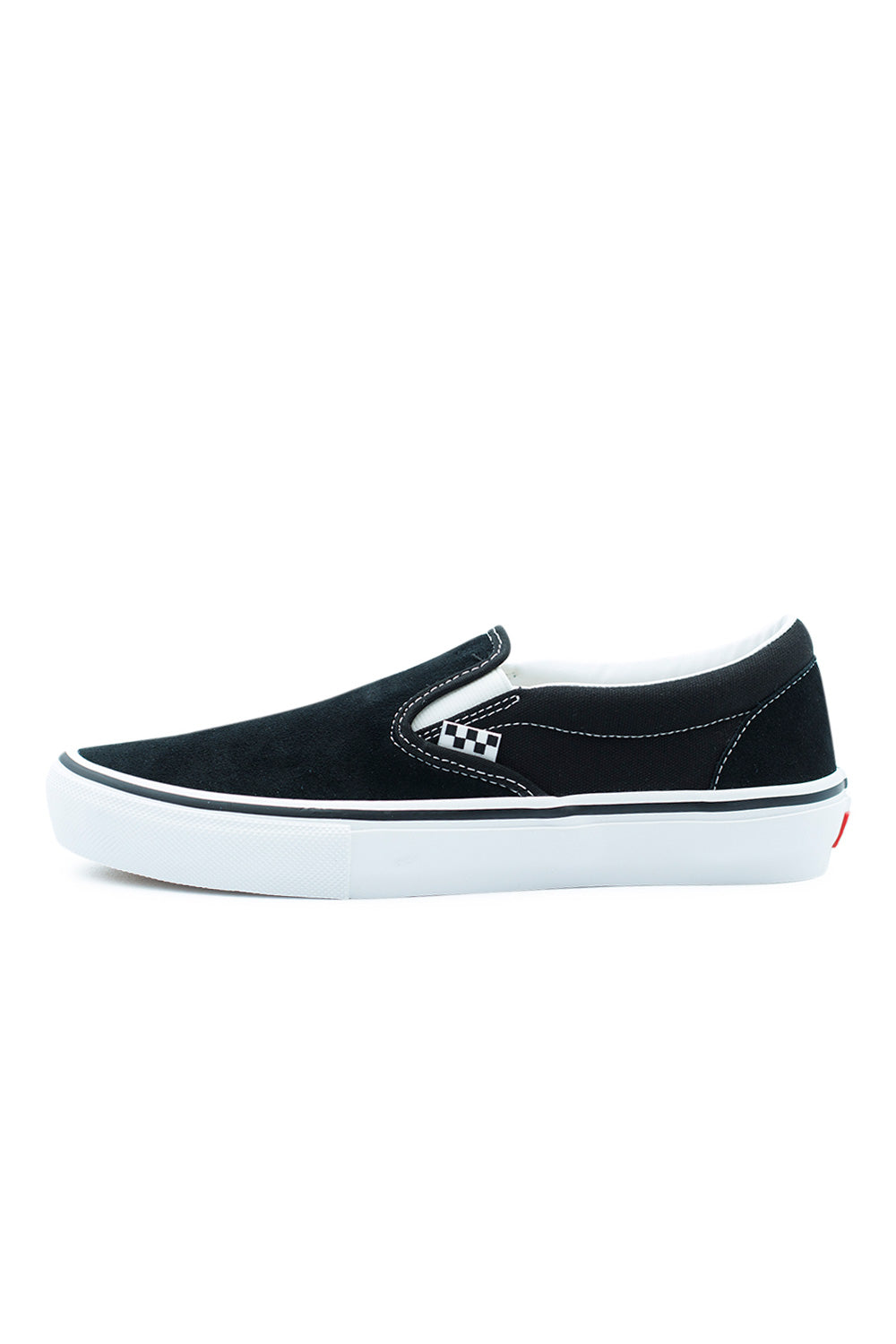 Vans Skate Slip-On Black White skate shoe side view with suede and canvas upper, vulcanized sole, SickStick waffle outsole grip, PopCush cushioning skateboarding sneaker