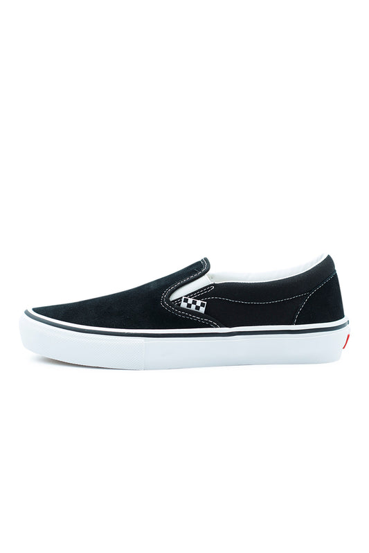 Vans Skate Slip-On Black White skate shoe side view with suede and canvas upper, vulcanized sole, SickStick waffle outsole grip, PopCush cushioning skateboarding sneaker