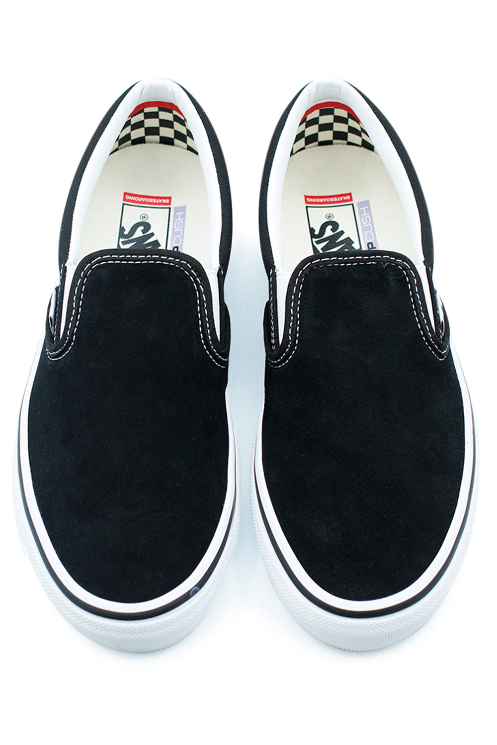 Top view Vans Skate Slip-On Black/White skateboard shoes showing elastic side panels, reinforced stitching, durable suede vamp and performance skate insole