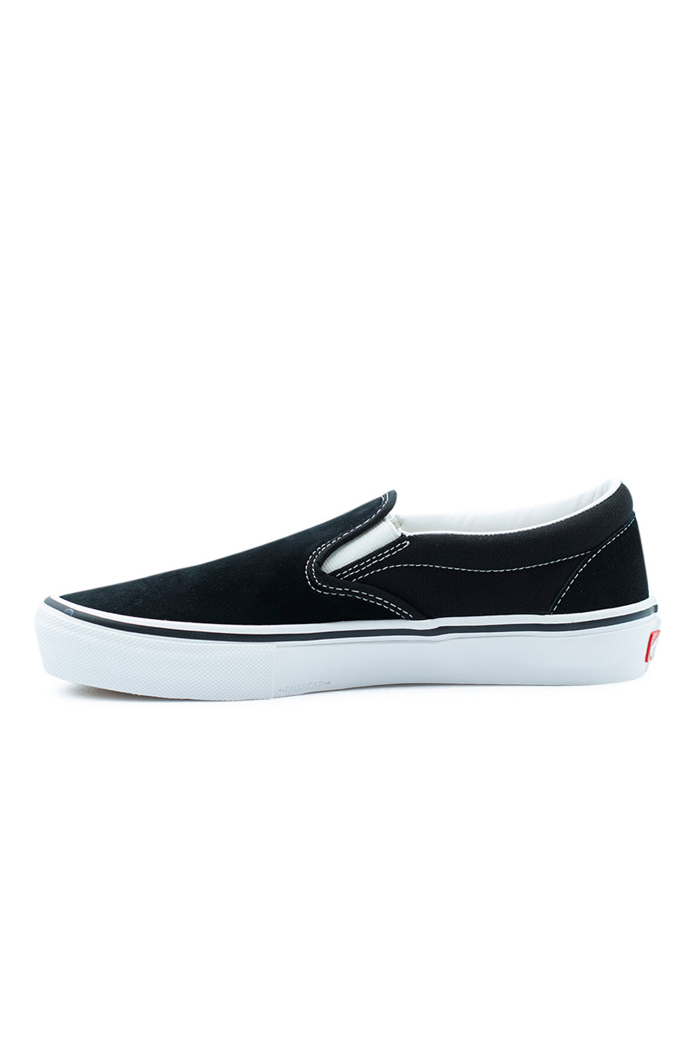 Lateral profile Vans Skate Slip On sneaker in Black/White colorway with flexible vulcanized midsole, boardfeel design, and durable skate shoe build