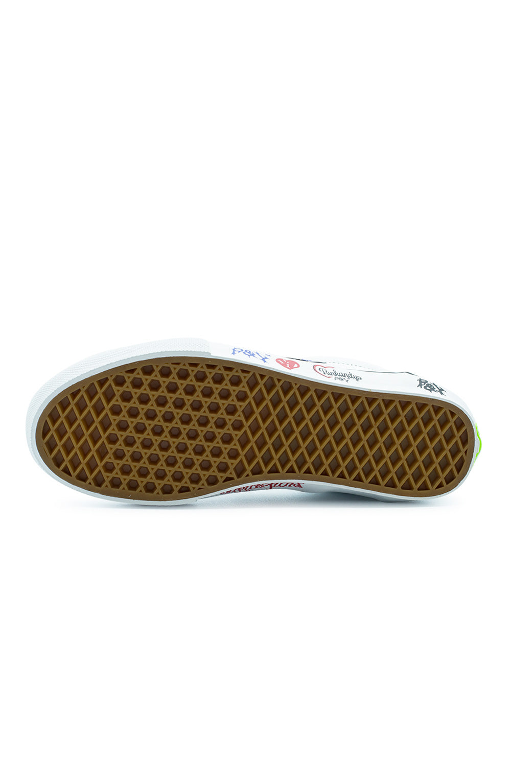 Full bottom view of the gum rubber outsole on the Vans X Punk And Yo Skate Slip-On, displaying the iconic diamond waffle grip tread powered by Vans proprietary SickStick rubber compound for high-traction board grip