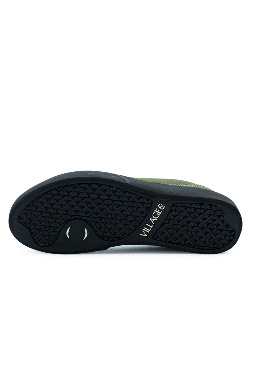 Full bottom perspective of the black rubber outsole on the Village PM 1.30PM, displaying the repeating geometric floral and circular traction tread pattern, forefoot pivot circle, and white "VILLAGE PM" logo debossed on the smooth midfoot shank.