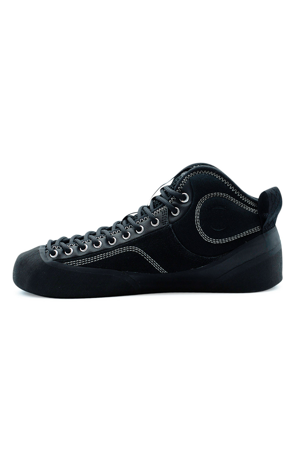 Village PM 1PM Mid Black Natural Black mid-top skateboarding sneaker lateral angle with reinforced toe area, extended lacing system and responsive board-feel construction