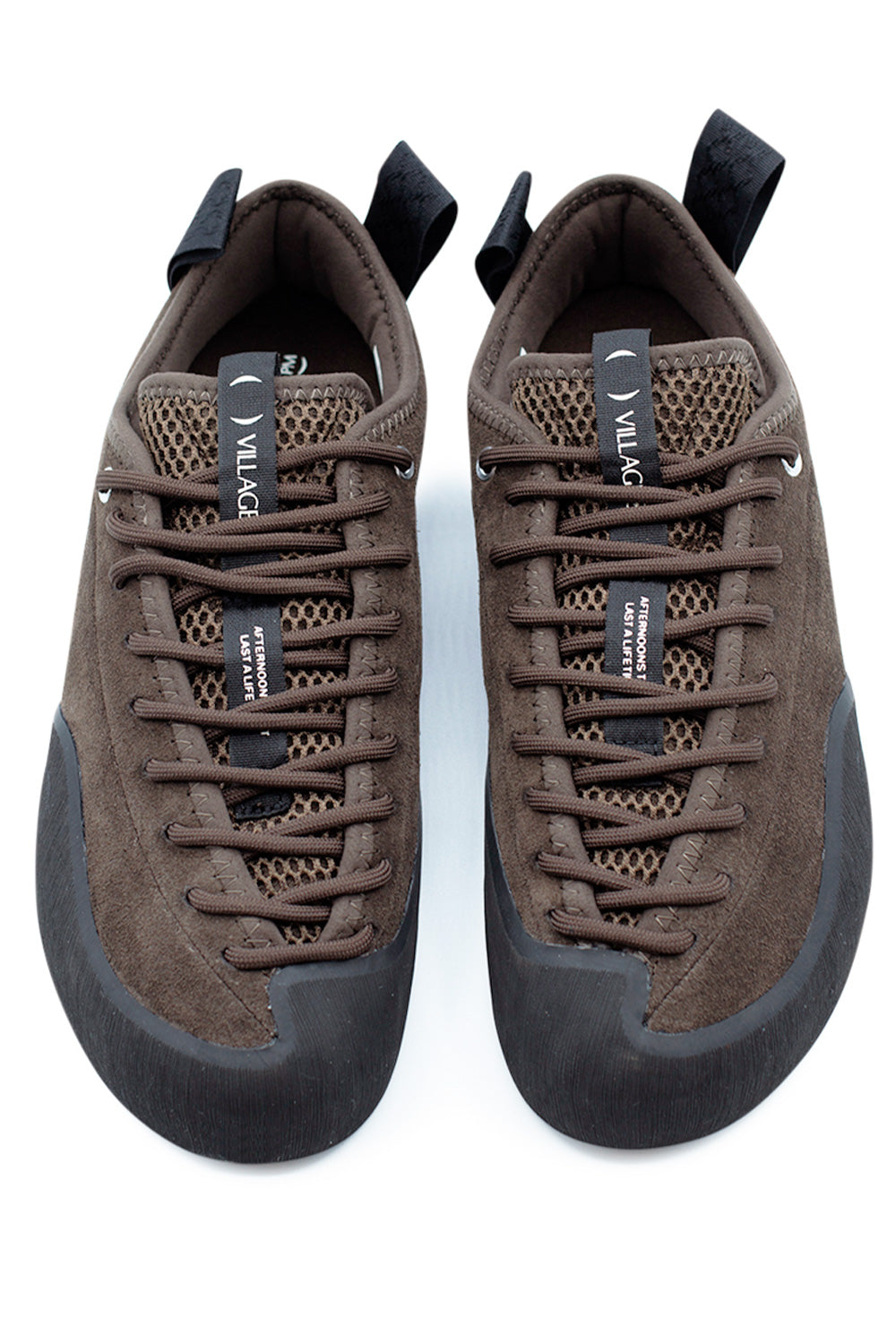 Top view of Village PM 1PM Chocolate Natural Black skate shoe showing full foot lacing system, breathable mesh tongue and asymmetrical precision fit built for skateboarding control
