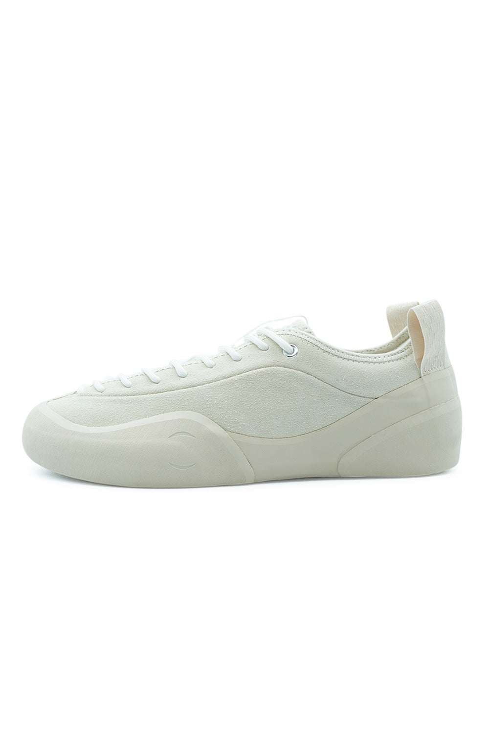 Village PM 1PM Cream Cream skateboard shoe side profile featuring premium cream suede upper, minimalist low-top silhouette and Rubber Glove Technology outsole wrap