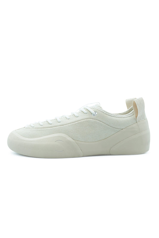 Village PM 1PM Cream Cream skateboard shoe side profile featuring premium cream suede upper, minimalist low-top silhouette and Rubber Glove Technology outsole wrap