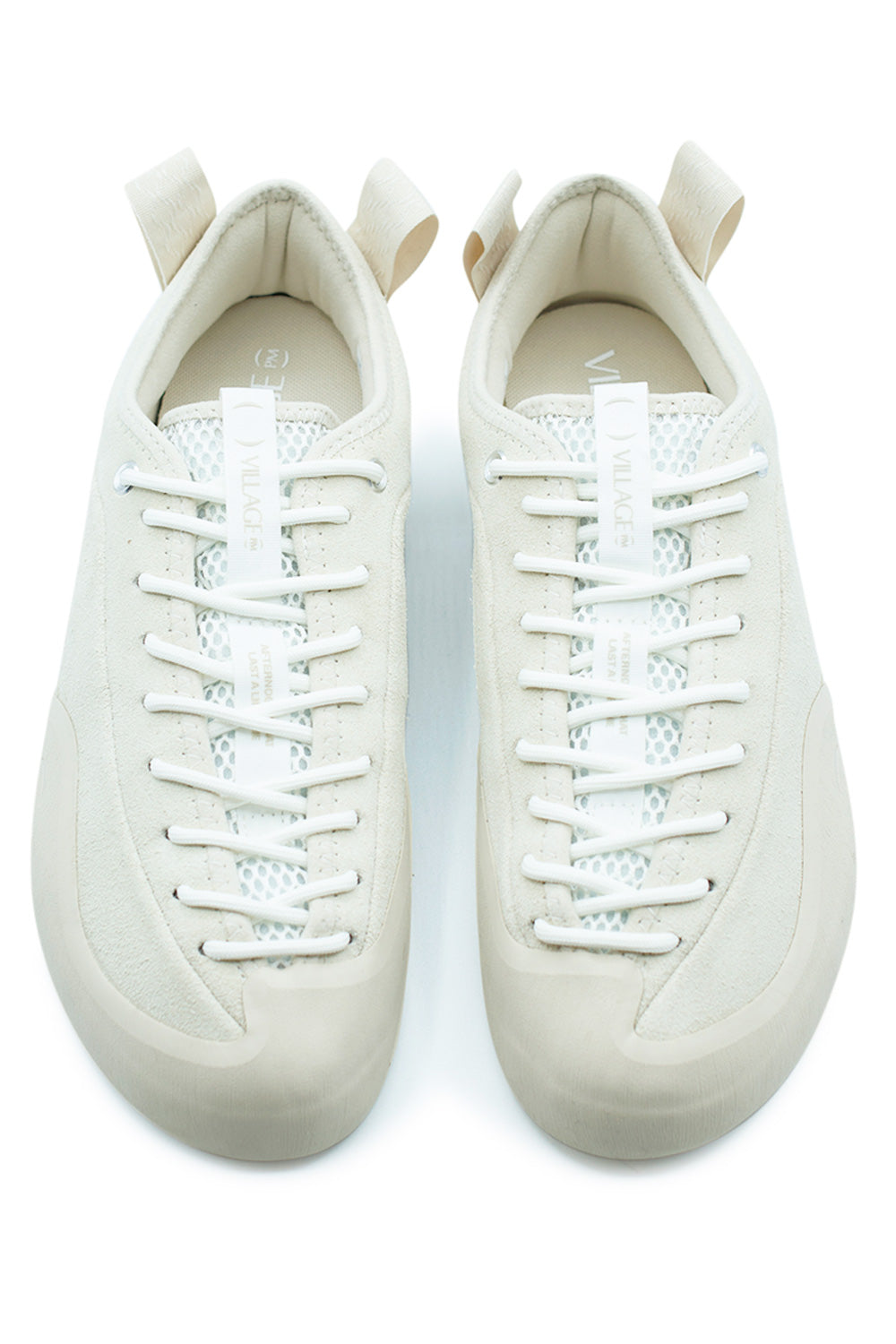 Top view of Village PM 1PM Cream Cream skate sneakers with full-foot lacing system, breathable mesh tongue and asymmetrical precision fit for technical skateboarding control