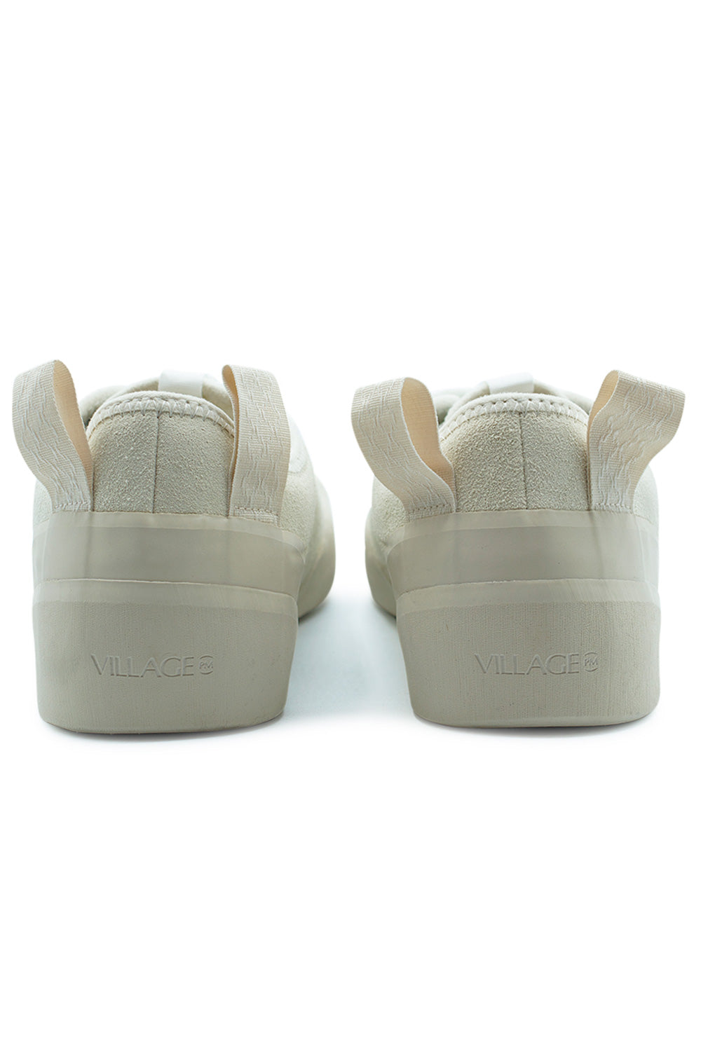 Rear view of Village PM 1PM Cream Cream skateboard shoes showing embroidered heel pull tabs, padded collar construction and durable cream rubber outsole with Village PM branding