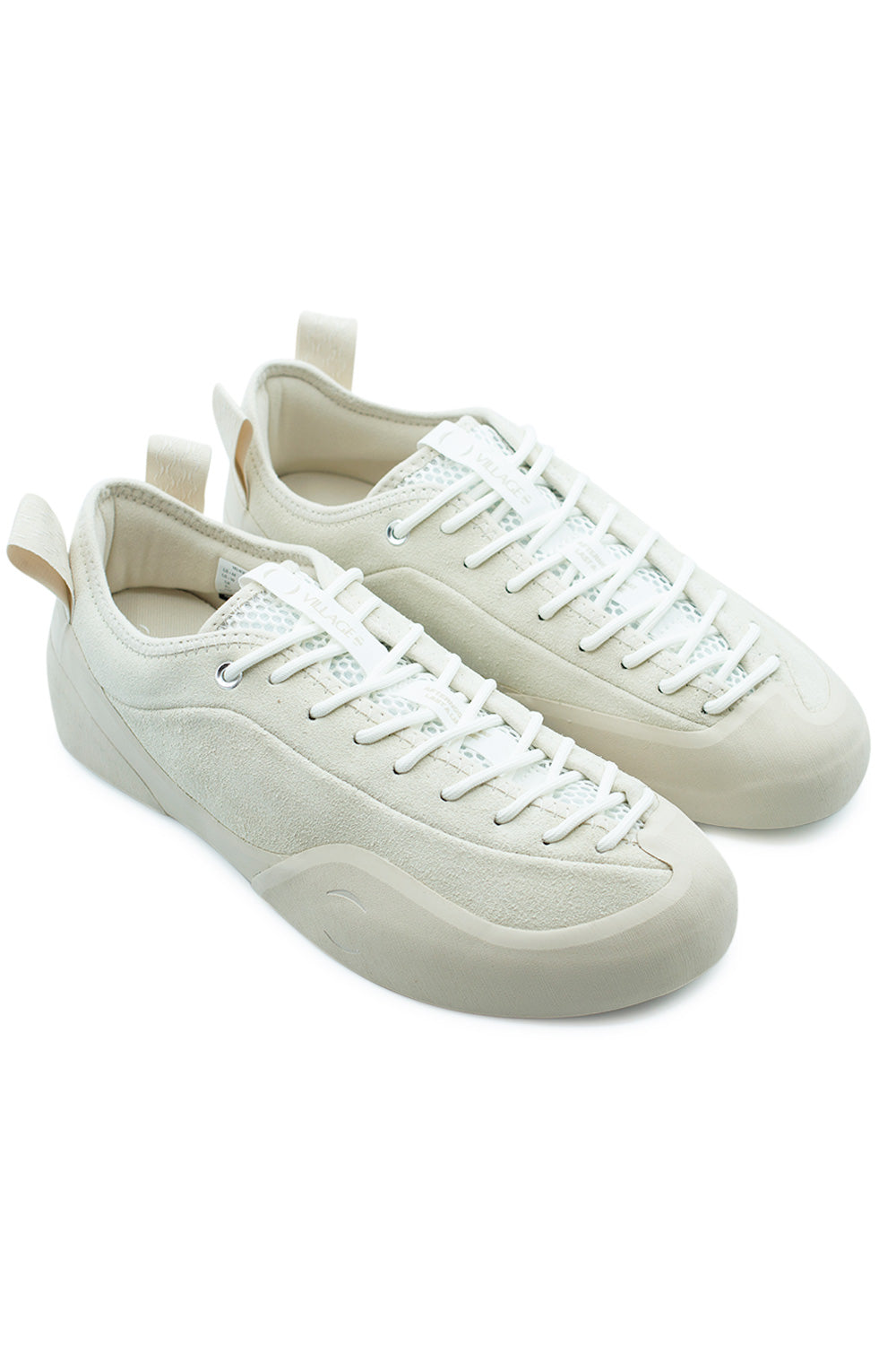 Village PM 1PM Cream Cream skate shoe pair angled view highlighting climbing rubber rand around the forefoot, abrasion-resistant suede upper and modern performance skate design