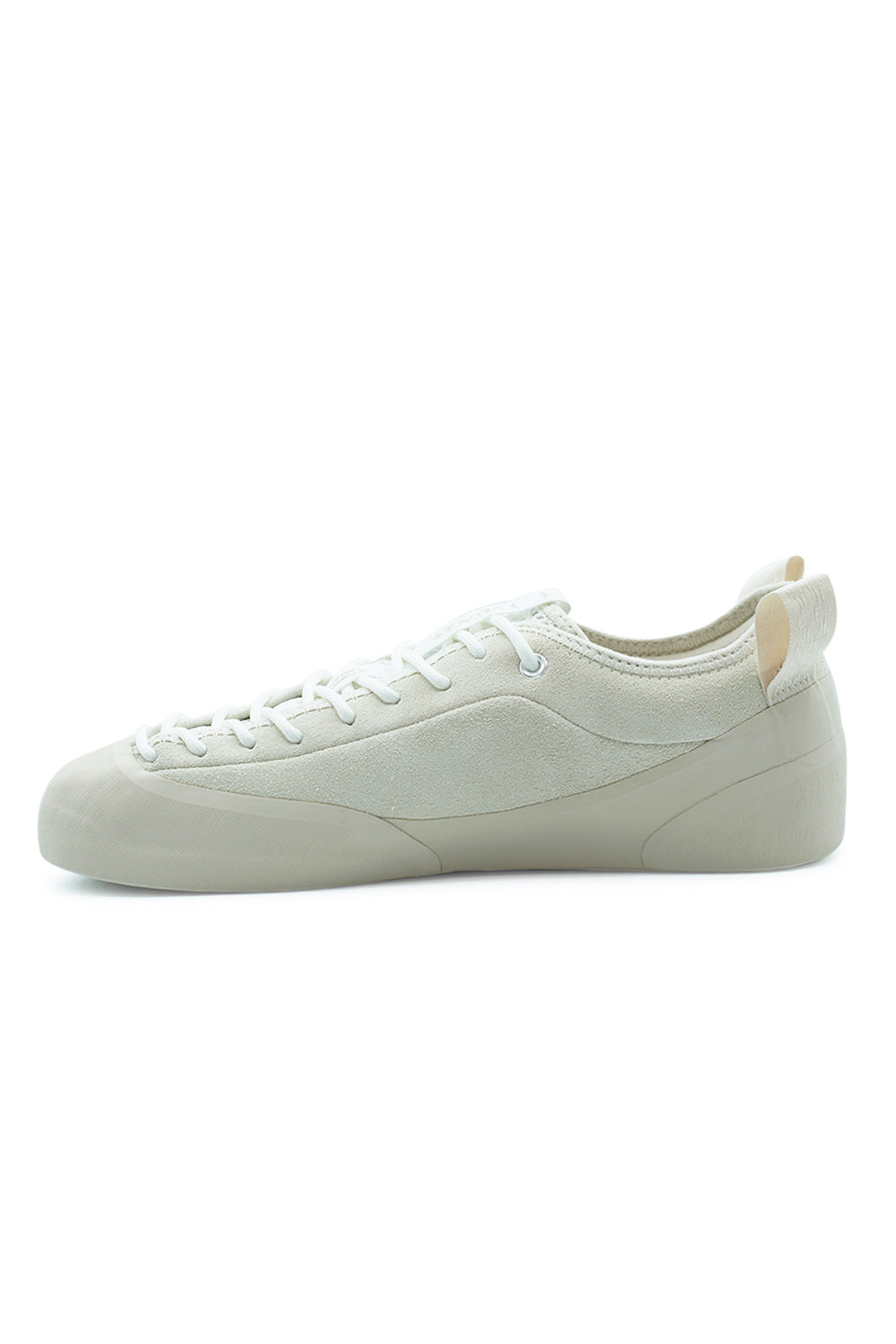 Village PM 1PM Cream Cream suede skate sneaker lateral angle emphasizing precision skate fit, reinforced toe protection and flexible Rubber Glove Technology construction