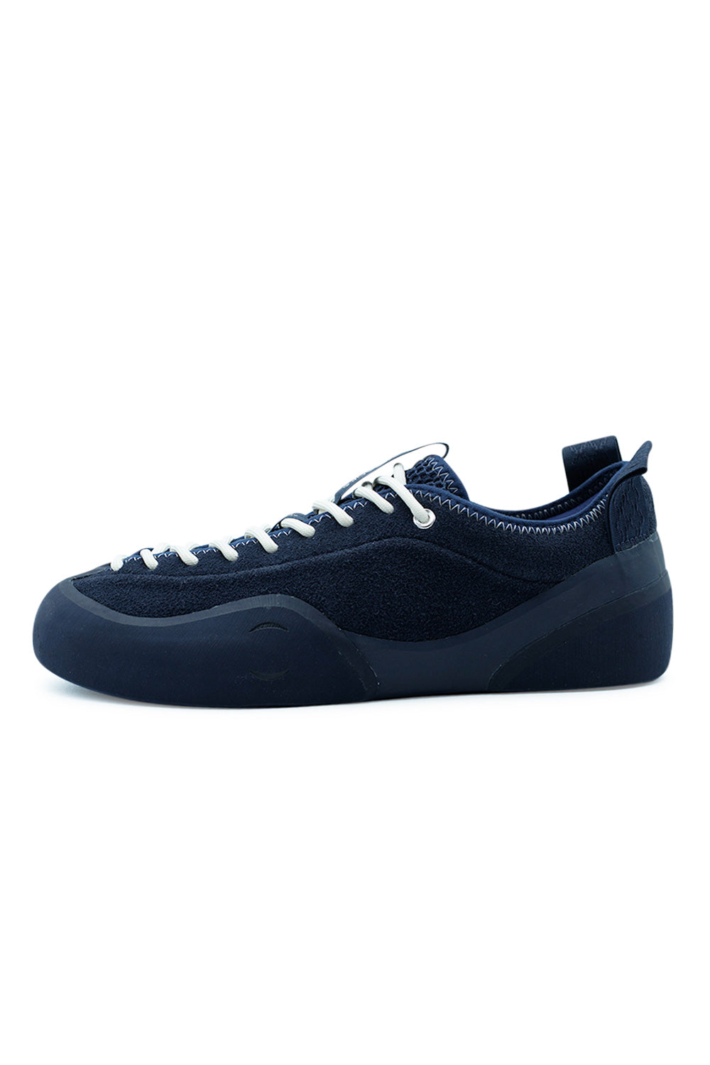 Village PM 1PM Navy Navy skateboarding shoe side profile featuring premium suede upper, Rubber Glove Technology sole wrap and modern low-top skate sneaker design