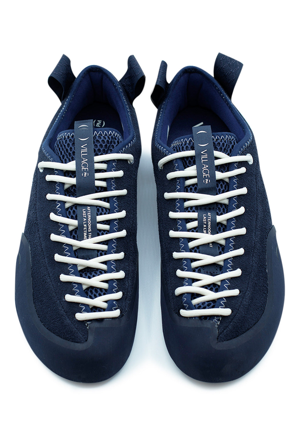 Top view of Village PM 1PM Navy Navy skateboard sneakers with full foot lacing system, breathable mesh tongue and asymmetrical precision fit for enhanced board control