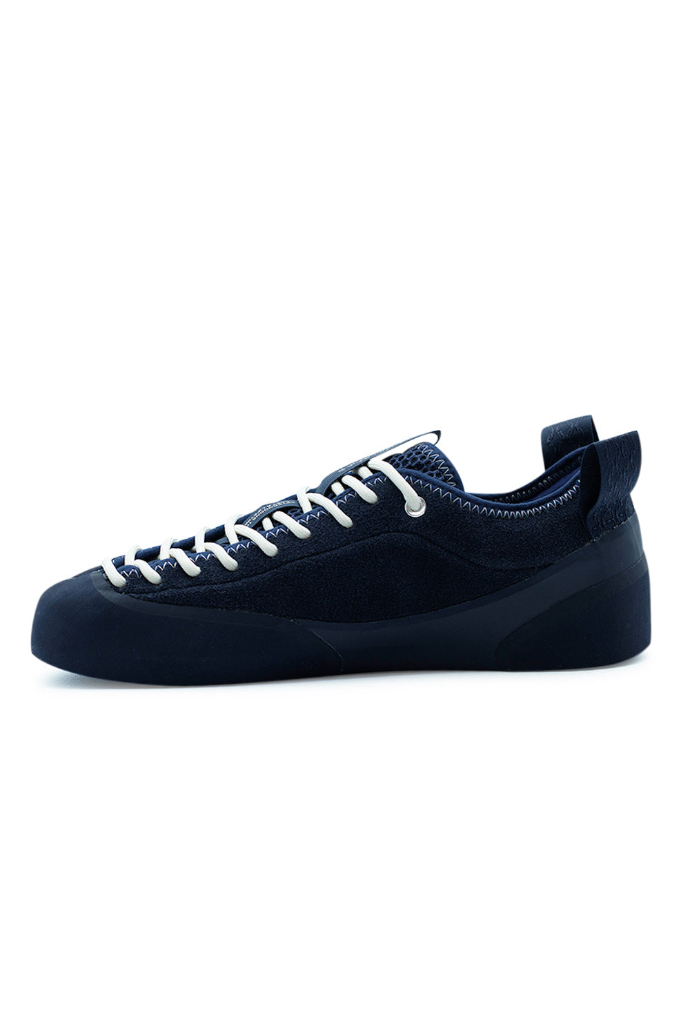 Village PM 1PM Navy Navy suede skate sneaker side angle emphasizing precision skate fit, reinforced toe protection and minimalist technical skate footwear design