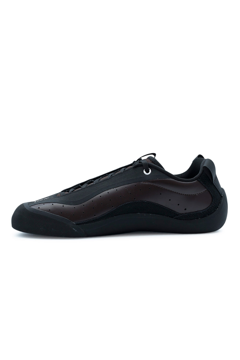 Medial arch profile view of the Village PM 2PM sneaker, detailing the clean inner deep maroon synthetic leather quarter with breathability perforations, low-cut padded collar, rear pull loop, and continuous black climbing rubber rand contouring the arch.
