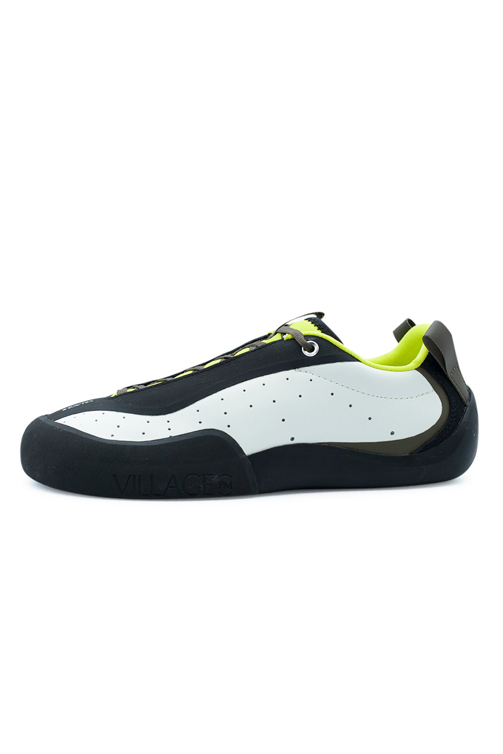 Lateral profile view of the Village PM 2PM skate shoe in White, Lime, and Natural Black, featuring a perforated bright white synthetic leather quarter panel, integrated black rubber lace shield eyestay, silver top eyelet, neon lime padded mesh collar lining, dark olive heel pull tab, and a hand-wrapped natural black sticky climbing rubber rand curving over the ollie friction zone with debossed "VILLAGE" branding.