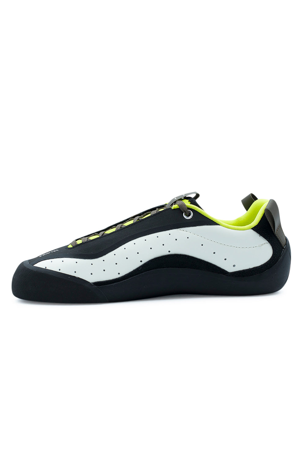 Medial arch profile view of the Village PM 2PM sneaker, detailing the clean white synthetic leather inner quarter with ventilation perforations, padded neon lime collar rim, olive rear pull loop, and continuous matte black climbing rubber rand contouring the midfoot arch.
