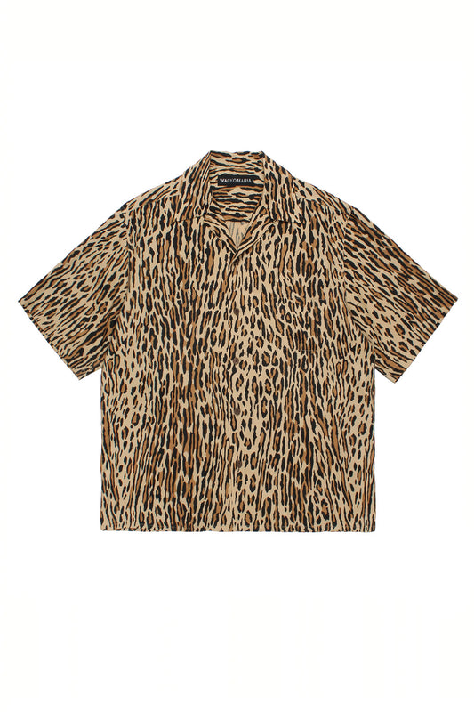 Full front view of the Wacko Maria wide-fitted short sleeve Hawaiian shirt in brown, featuring an all-over abstract leopard animal print in black and tan tones.
