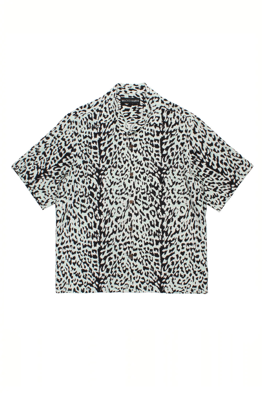 Full front view of the Wacko Maria wide-fitted short sleeve Hawaiian shirt in ivory, featuring an all-over abstract animal print in black with subtle mint green undertones.