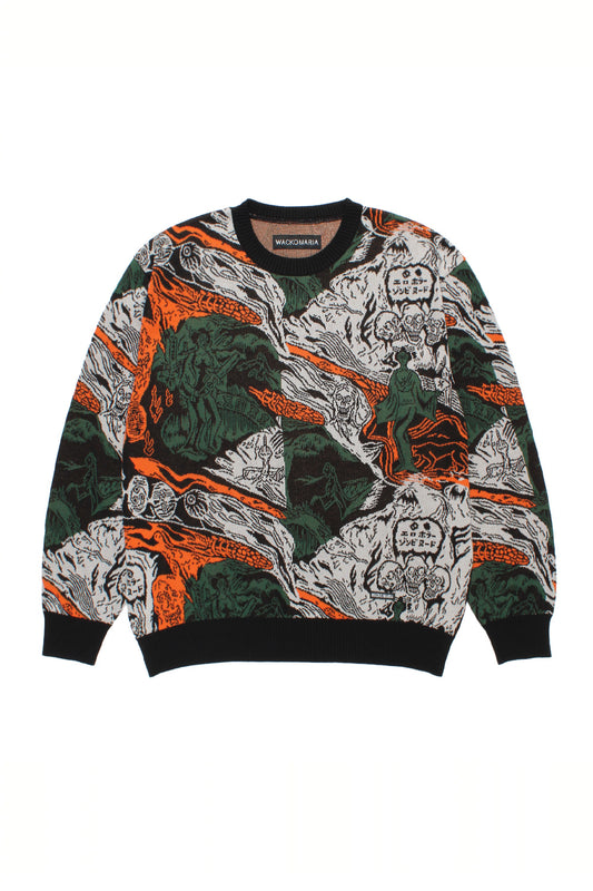 Wacko Maria jacquard sweater grey full view, premium Japanese knitwear with all over graphic woven pattern, relaxed fit designer sweater made in Japan luxury streetwear