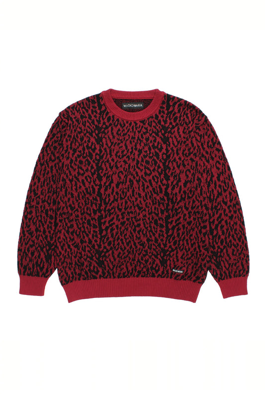 Wacko Maria Leopard Jacquard Sweater Type-1 Red wide fit knit pullover with bold all-over animal print, premium cotton wool blend crewneck, Japanese designer streetwear made in Japan