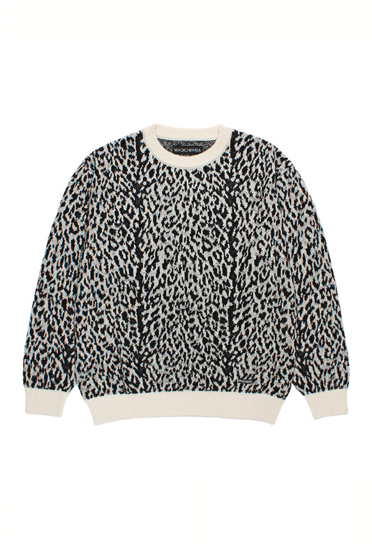 Wacko Maria leopard jacquard sweater type 1 white front view, all over woven leopard pattern knit, wide fit cotton wool sweater made in Japan