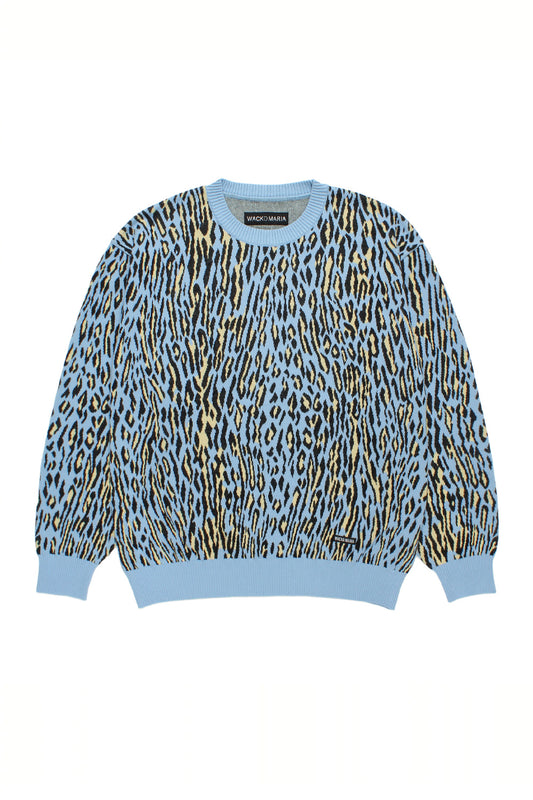Wacko Maria Leopard Jacquard Sweater Type-2 Light Blue wide fit knit sweater with all-over leopard pattern, premium cotton crewneck, ribbed cuffs and hem, Japanese streetwear made in Japan