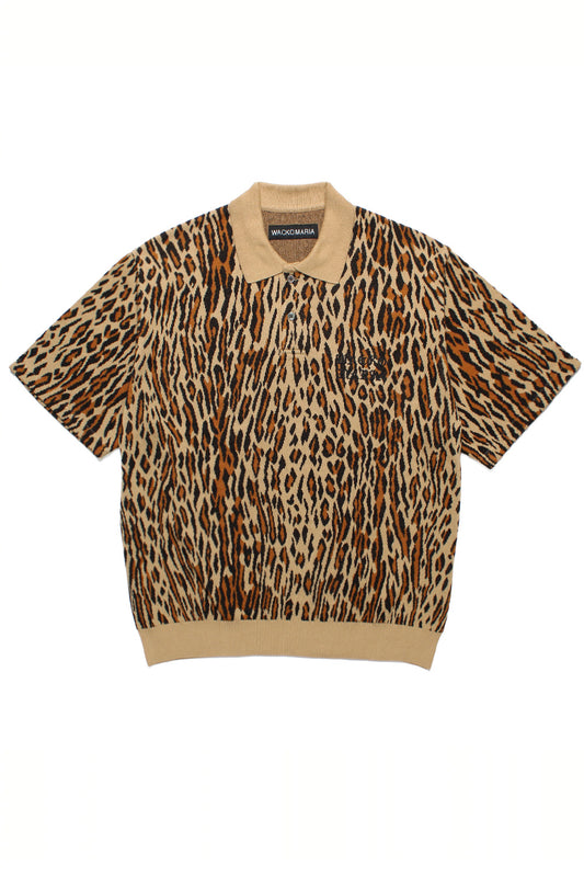 Wacko Maria leopard knit polo shirt Type-1 beige full view, premium Japanese knitwear with all over leopard pattern, relaxed fit cotton polo made in Japan streetwear fashion
