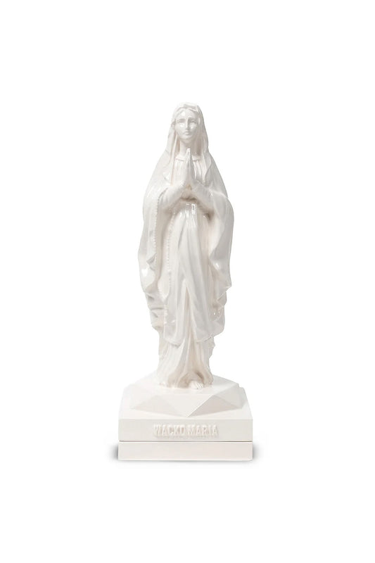 Front view of the handcrafted Wacko Maria Maria Incense Burner in gloss-white ceramic, featuring a detailed Virgin Mary sculpture with the brand name on the base.