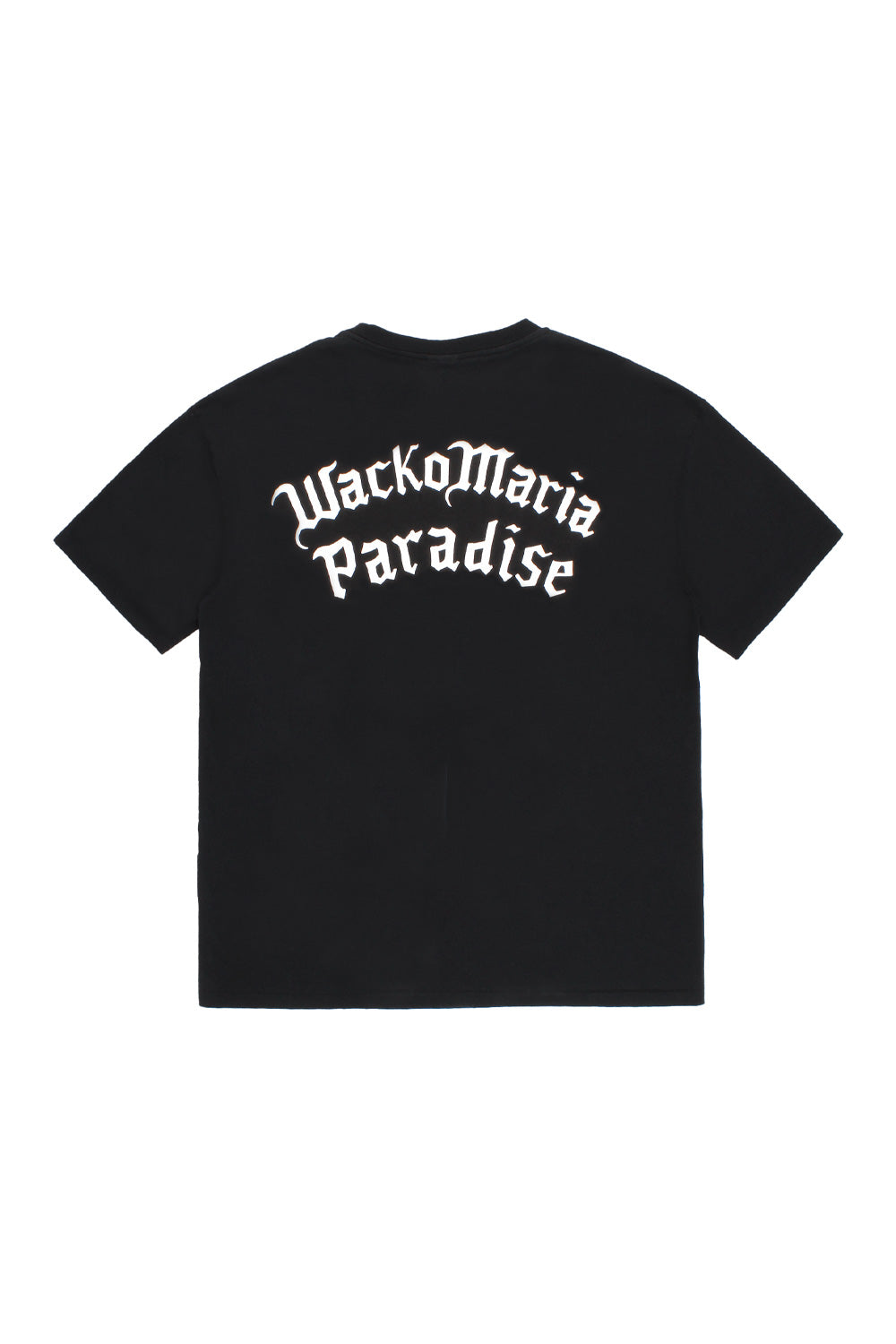 Wacko Maria washed heavy weight crew neck t-shirt black back print, bold Paradise logo graphic on premium cotton streetwear tee made in Japan