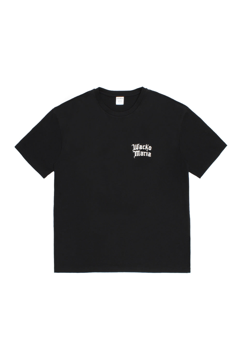front view Wacko Maria black heavy cotton t-shirt with chest logo print, wide fit crew neck tee in washed finish Japanese designer streetwear