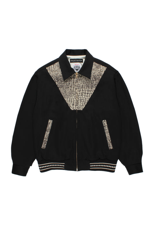 Wacko Maria x Wolf’s Head 50s jacket black front view featuring cropped wide fit silhouette, premium rayon blend fabric, Japanese designer collaboration with vintage rockabilly inspired pattern details