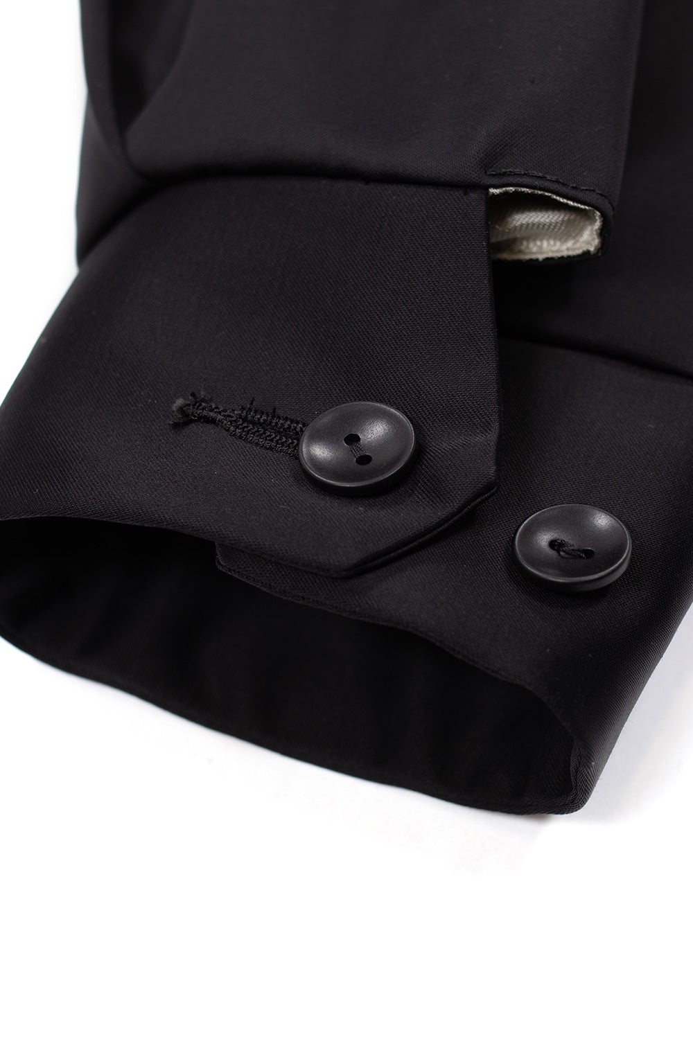 sleeve cuff detail Wacko Maria Wolf’s Head jacket highlighting tailored wide cropped fit, button closure and smooth rayon fabric, high-end Japanese designer outerwear piece
