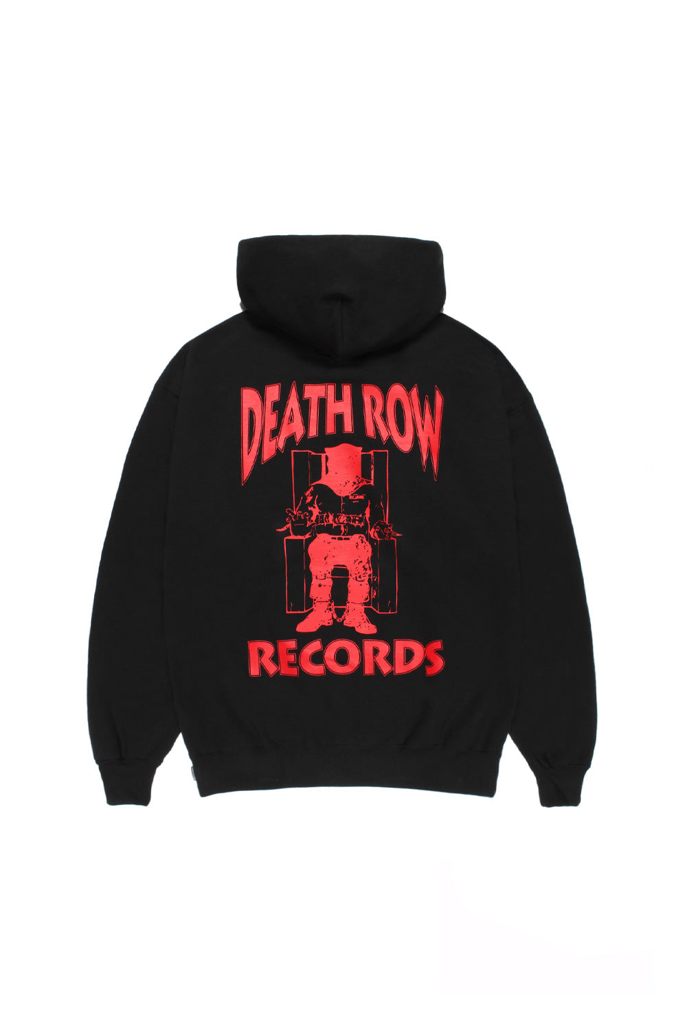 Wacko Maria x Death Row Records hoodie black back view with large red electric chair logo print, heavyweight cotton streetwear hoodie made in Japan