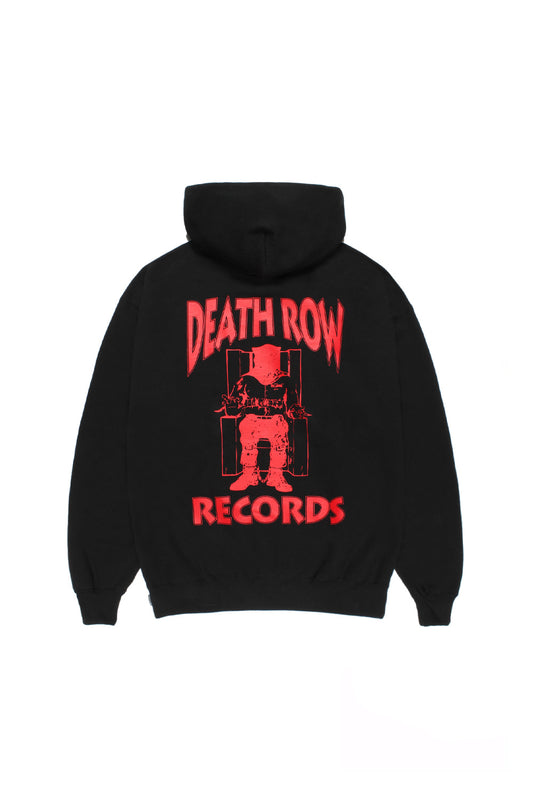 Wacko Maria x Death Row Records hoodie black back view with large red electric chair logo print, heavyweight cotton streetwear hoodie made in Japan