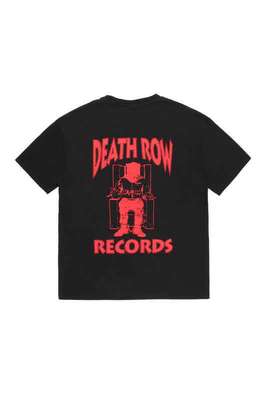 Back view of the black Wacko Maria x Death Row Records heavy weight t-shirt showing the large red printed electric chair graphic and text.