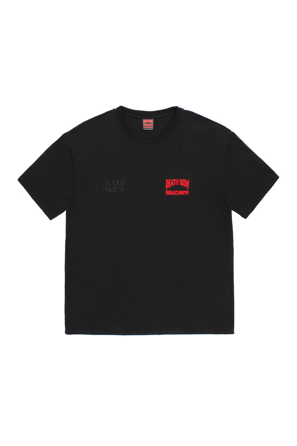 Front view of the black Wacko Maria x Death Row Records washed heavy weight crew neck t-shirt featuring embroidered chest logos.