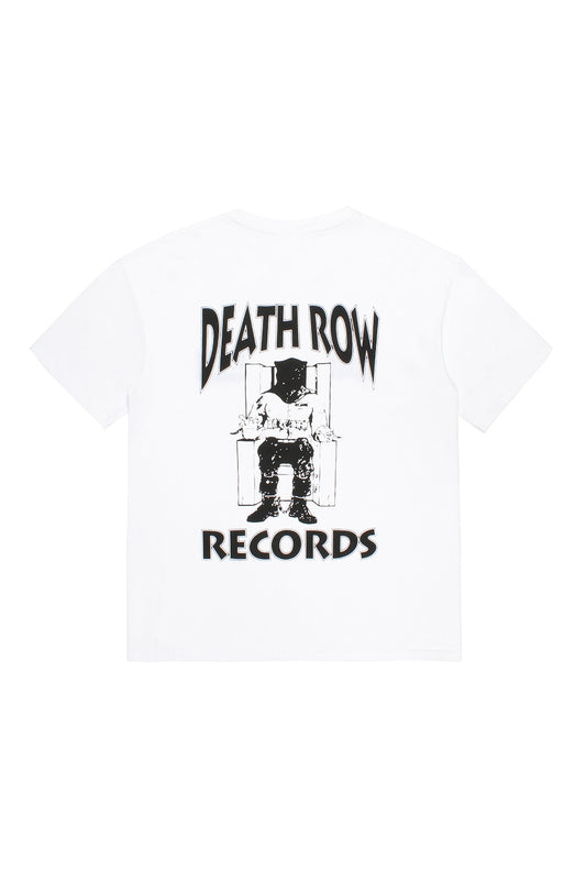 Back view of the white Wacko Maria x Death Row Records heavy weight t-shirt showing the large black printed electric chair graphic and text.