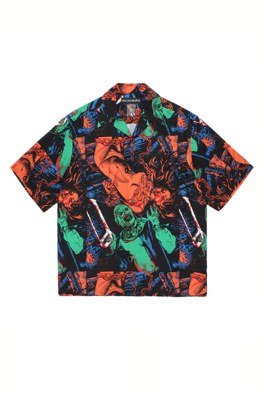 Wacko Maria x Terrifier Hawaiian shirt Type-2 full print front view featuring Art the Clown horror graphics, wide fit short sleeve rayon shirt, Japanese streetwear collaboration